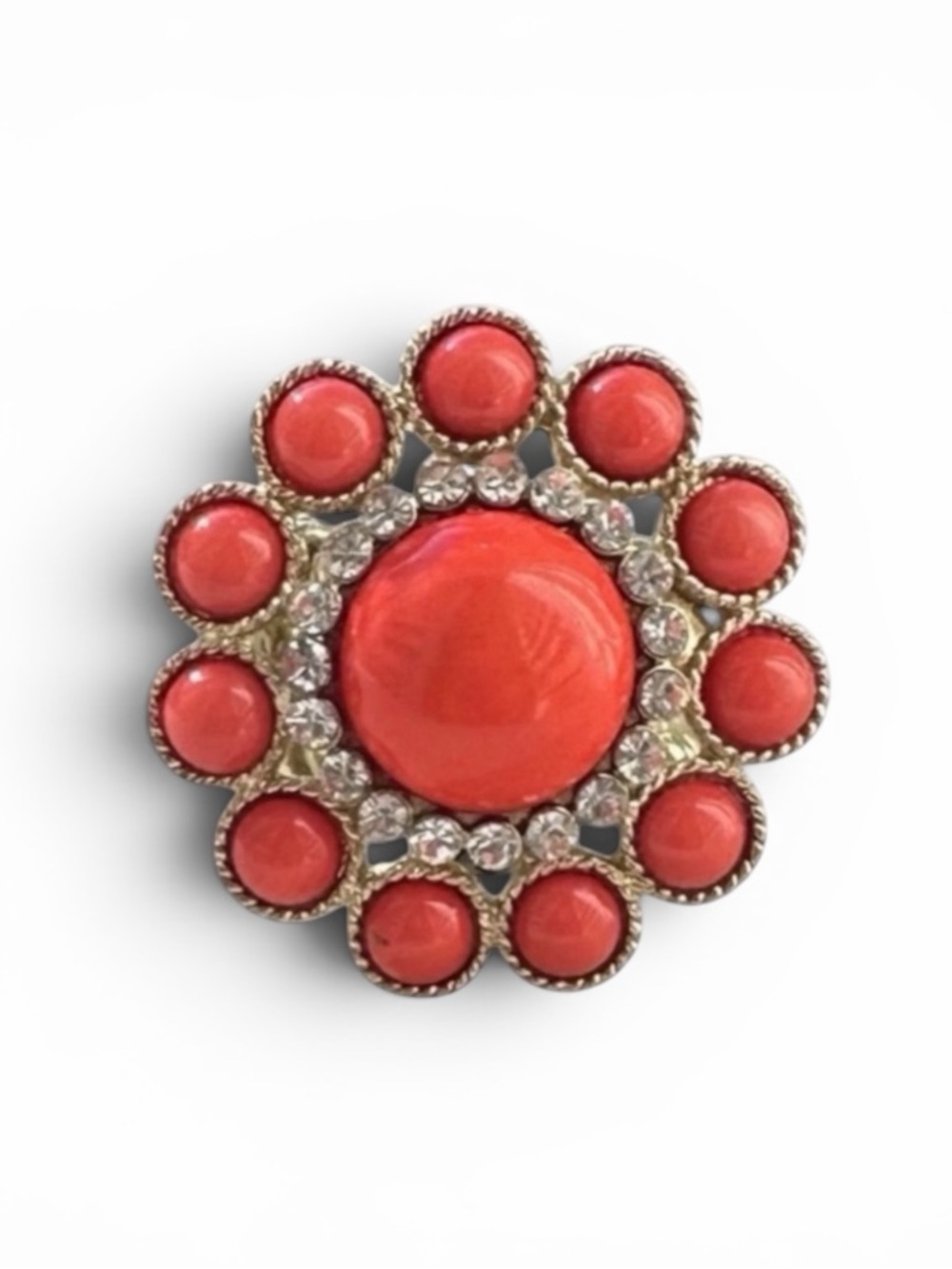 Sequin Goldtone Coral Cluster Statement Ring with Rhinestone Halo